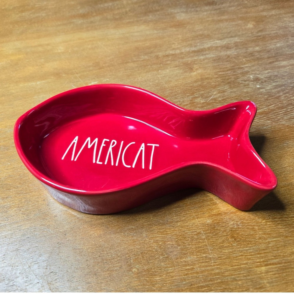 Rae Dunn Americat Pet Bowl Cat Red Fish Pet Food Water Farmhouse Ceramic Dish